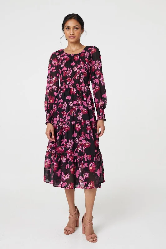 Floral Semi Sheer Long Sleeve Midi Dress Elegant Satin Button Midi Dress