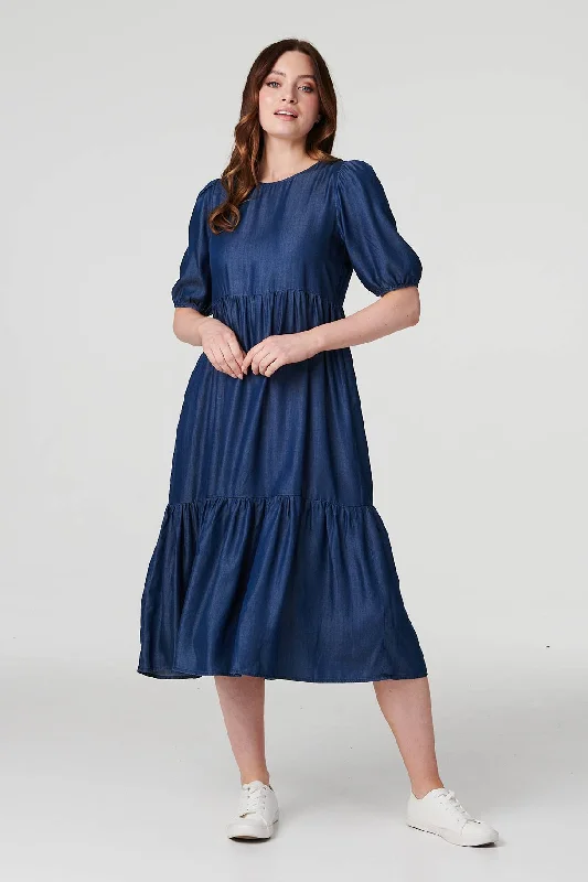 Tiered 1/2 Puff Sleeve Midi Dress Trendy Knit Midi Dress