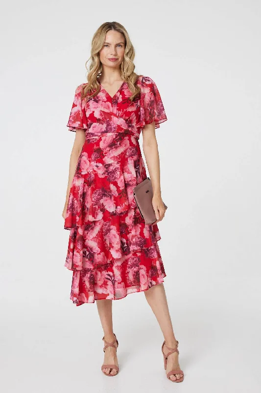 Floral Asymmetric Ruffled Midi Dress Fashionable Fitted Midi Dress