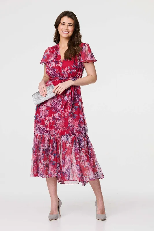 Floral Short Sleeve Tiered Midi Dress Comfortable Short Sleeve Midi Dress