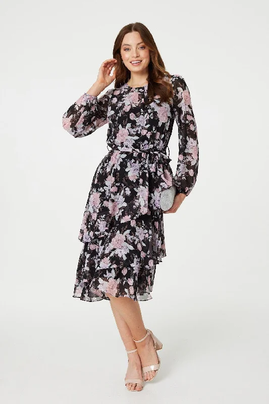 Floral Semi Sheer Layered Hem Midi Dress Stylish Tiered Midi Dress