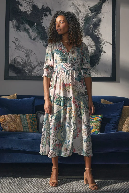 Leaf Print 3/4 Puff Sleeve Midi Dress Trendy Floral Wrap Midi Dress