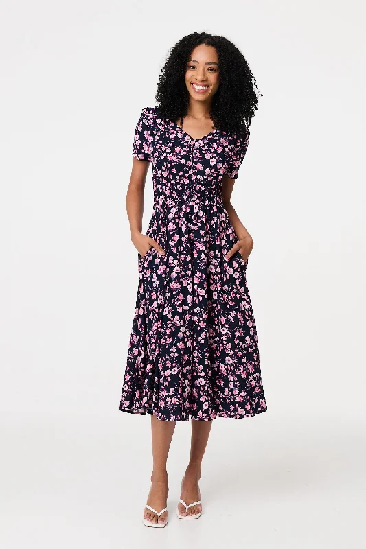 Ditsy Floral V-Neck Midi Dress Trendy Square Neck Midi Dress