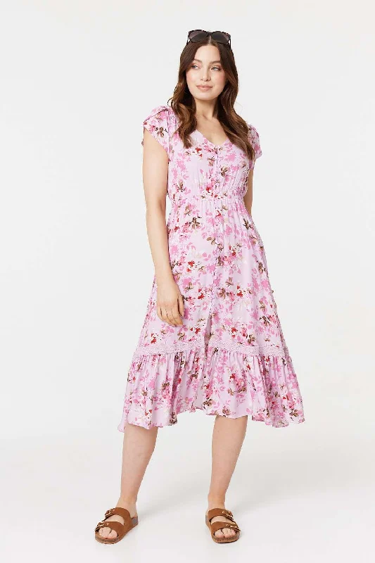 Floral Print Cap Sleeve Midi Dress Cozy Tie-Dye Midi Dress