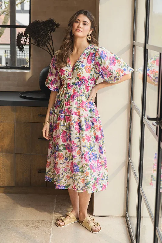 Floral 1/2 Puff Sleeve Midi Dress Elegant Pleated Sleeve Midi Dress