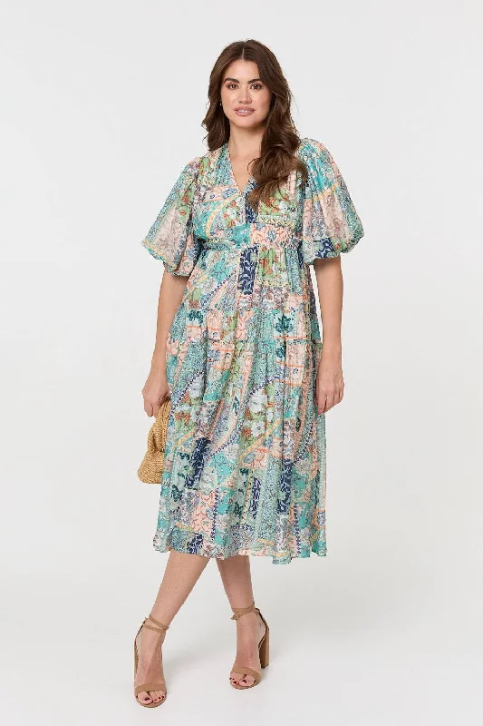 Patchwork Print 1/2 Puff Sleeve Midi Dress Trendy Ruffled Sleeve Midi Dress