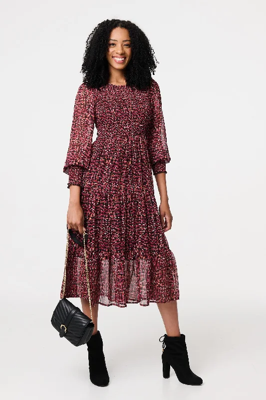 Ditsy Floral Tier Puff Sleeve Midi Dress Stylish Wraparound Midi Dress