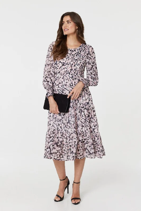 Floral Tiered Smock Midi Dress Fashionable High-Neck Midi Dress