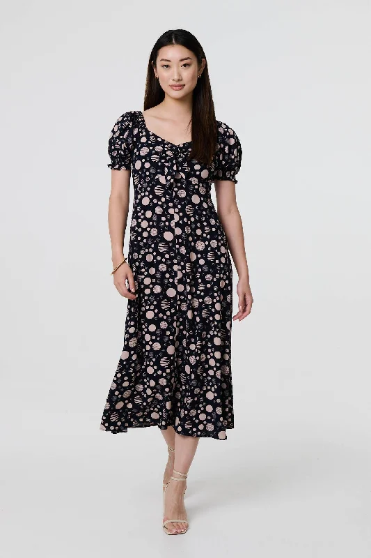 Polka Dot Print Tie Neck Midi Dress Chic Bohemian Midi Dress