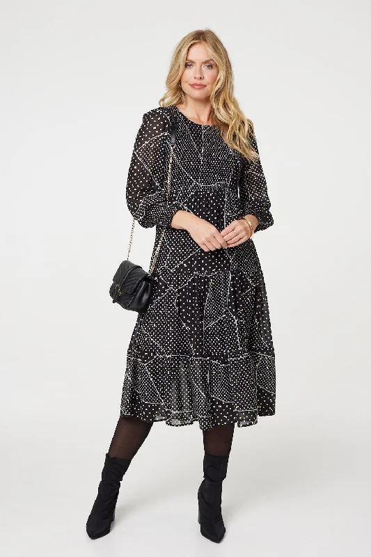 Polka Dot Print Puff Sleeve Midi Dress Trendy Smocked Waist Midi Dress