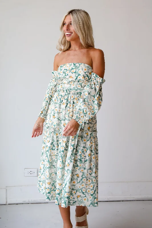 FINAL SALE - Delightful Aspect Sage Floral Off-The-Shoulder Midi Dress Comfortable Floral Print Midi Dress