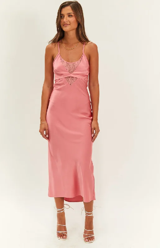 Elery Pink Midi Dress Fashionable Sheer Sleeve Midi Dress