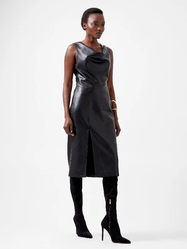 Elettra Recycled PU Cowl Neck Sleeveless Midi Dress Trendy Off-Shoulder Ruffle Midi Dress