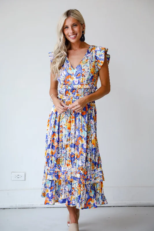 FINAL SALE - Ethereal Muse Royal Blue Satin Floral Midi Dress Stylish Long Sleeve Floral Midi Dress