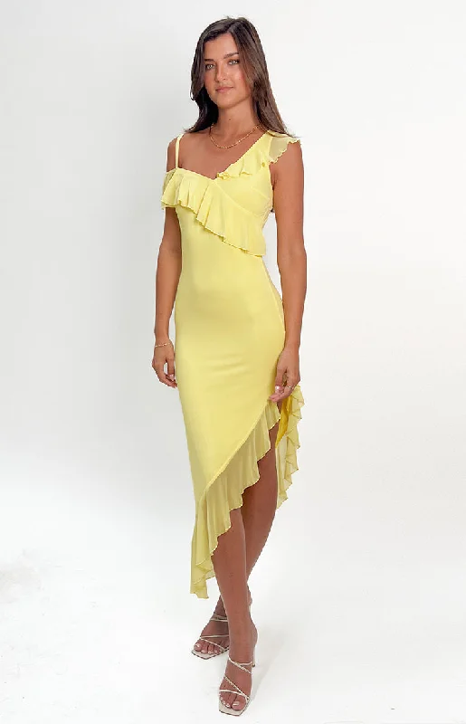 Everleene Yellow Ruffle Mesh Midi Dress Elegant Pleated Sleeve Midi Dress