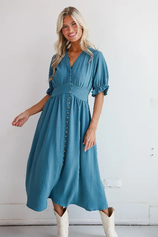 Exceptionally Graceful Teal Midi Dress Trendy Off-Shoulder Button Midi Dress