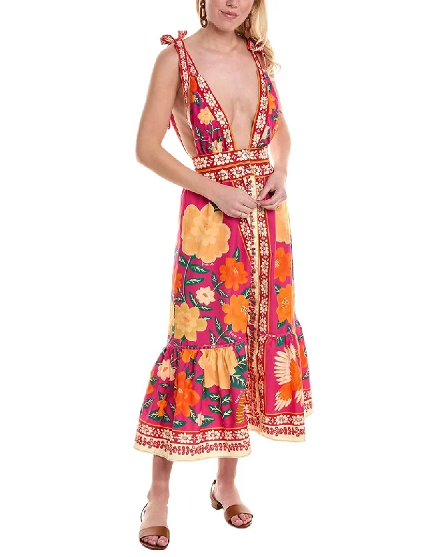 FARM Rio Flower Tapestry Midi Dress Fashionable Floral Embroidery Midi Dress