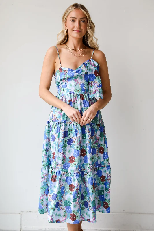 FINAL SALE - Favorite RSVP Blue Floral Tiered Midi Dress Trendy Off-Shoulder Ruffle Midi Dress