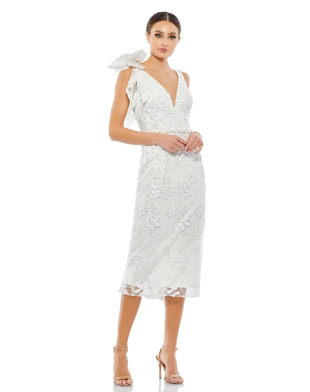 Floral Embellished V-neck Midi Dress with Shoulder Bow Stylish Animal Print Midi Dress