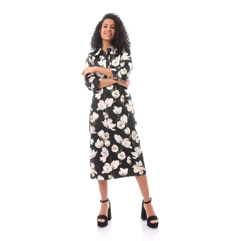 Floral Midi Dress With Side Zipper - Merch Chic Lace Detail Midi Dress