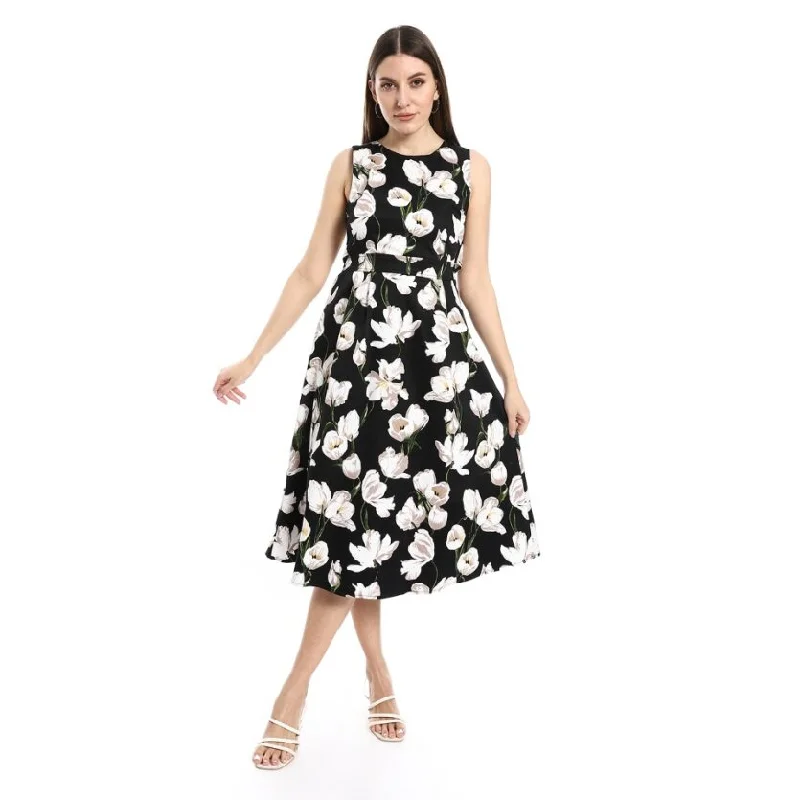 Floral Print Midi Dress With Waist Cut - Merch Comfortable Wrap Midi Dress