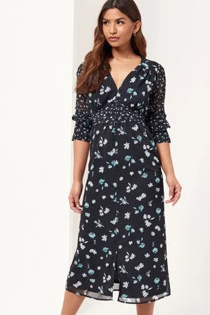Floral Print Ruched Midi Dress Navy Trendy Floral Wrap Midi Dress