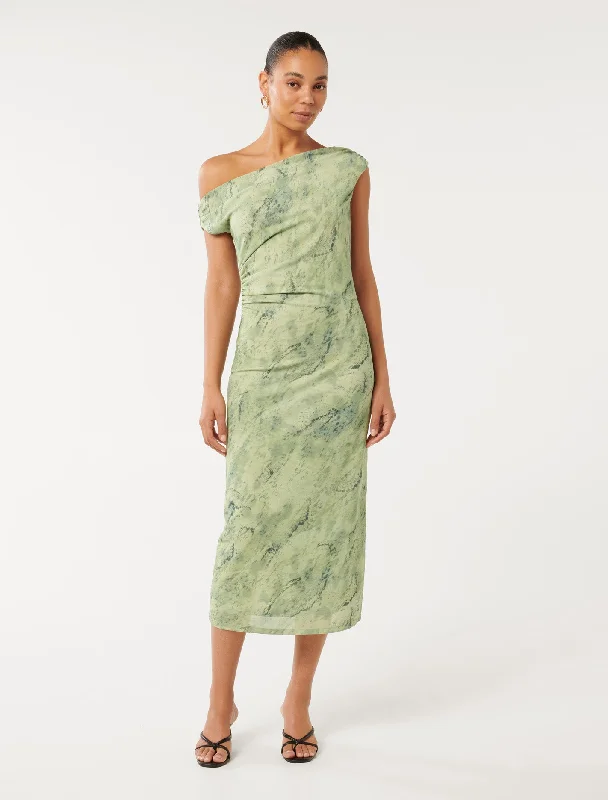 Gracelynn Twist Shoulder Mesh Midi Dress Comfortable Casual Midi Dress