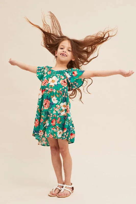 Green Floral Kids Short Sleeve Midi Dress Comfortable Ruched Midi Dress