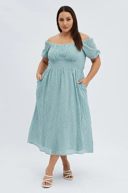 Green Midi Dress Check Cotton Puff Sleeve Elegant Pleated Detail Midi Dress