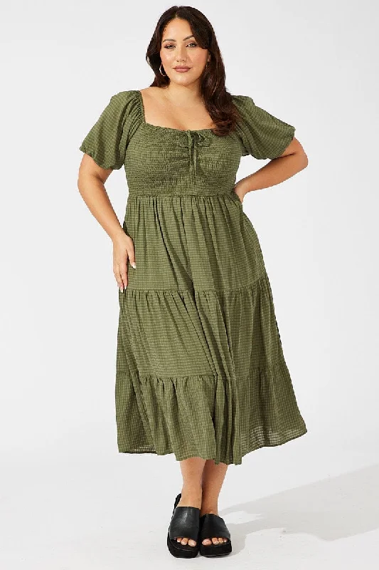 Green Midi Dress Short Sleeve Shirred Fashionable Off-Shoulder Dress Midi