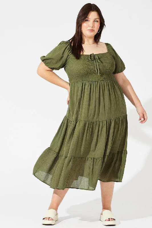 Green Midi Dress Short Sleeve Shirred Fashionable Shift Midi Dress