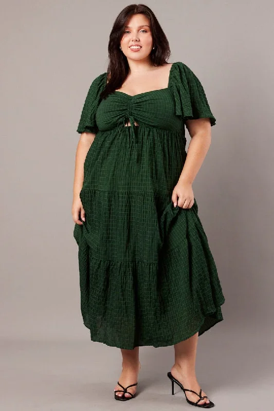 Green Midi Dress Short Sleeve Textured Comfortable Button Front Midi Dress