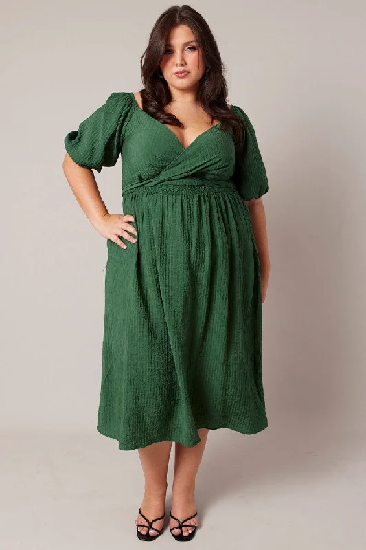 Green Midi Dress Textured Wrapover Elastic Waist Detail Fashionable Casual Midi Dress