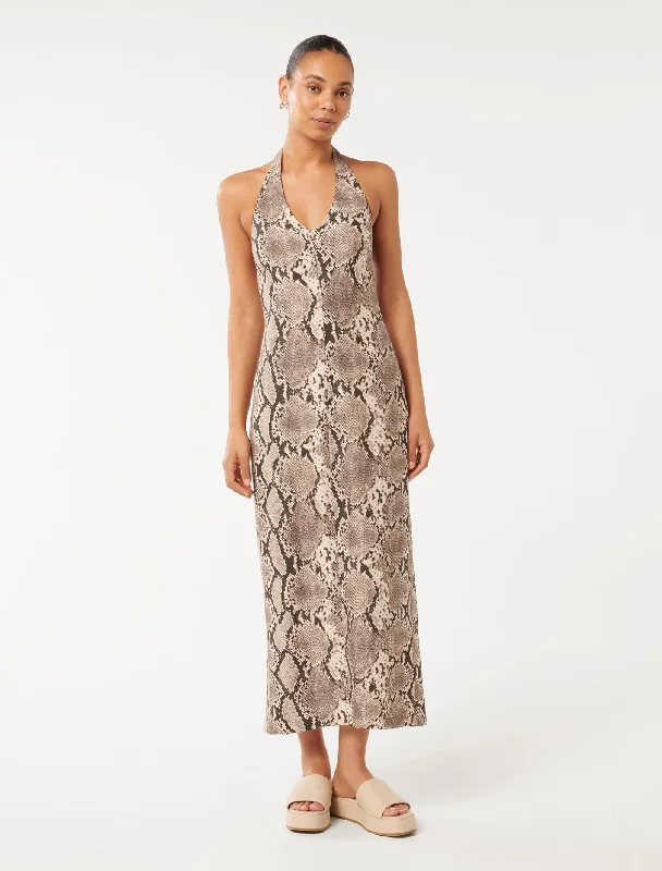 Hailey Halter V-Neck Midi Dress Trendy Smocked Waist Midi Dress