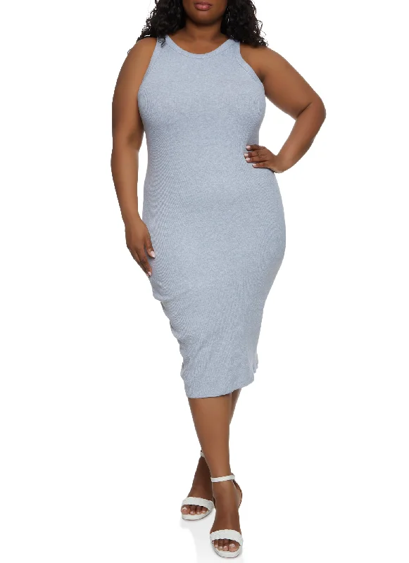 Plus Size Ribbed Crew Neck Tank Midi Dress Chic Off-Shoulder Midi Dress