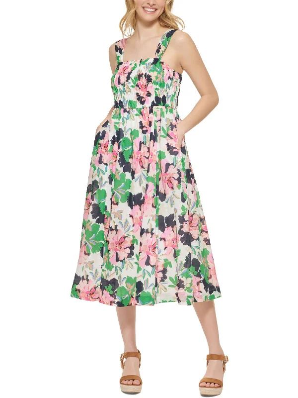 Isla Womens Woven Smocked Midi Dress Cozy Wide Strap Midi Dress