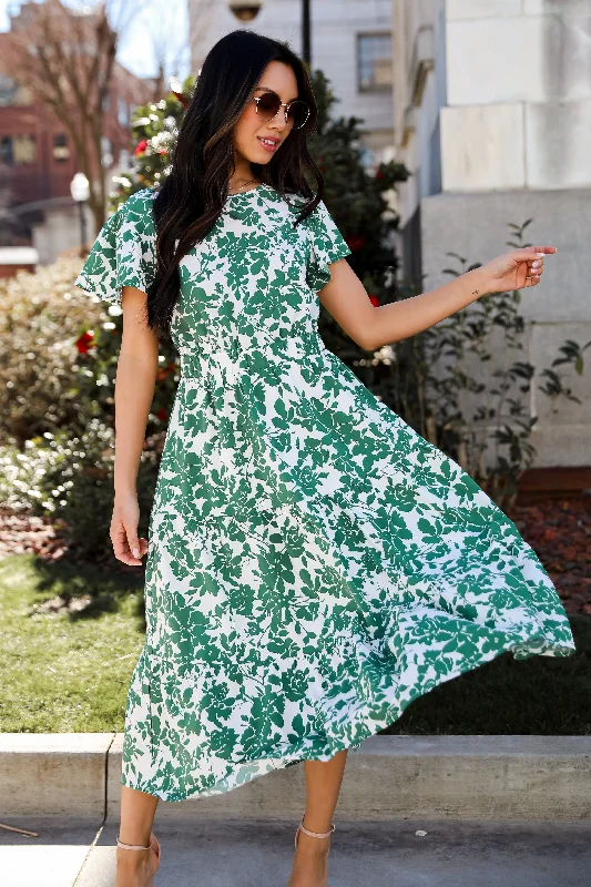 Island Sunsets Green Floral Midi Dress Cozy Midi Dress with Pockets