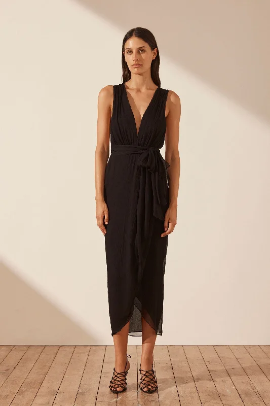 ISOLA PLUNGED CROSS BACK MIDI DRESS - BLACK Elegant Sleeveless Midi Dress