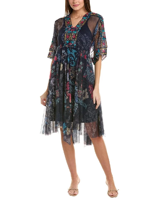 Johnny Was Elrey Kaftan Mesh Midi Dress Trendy A-Line Midi Dress