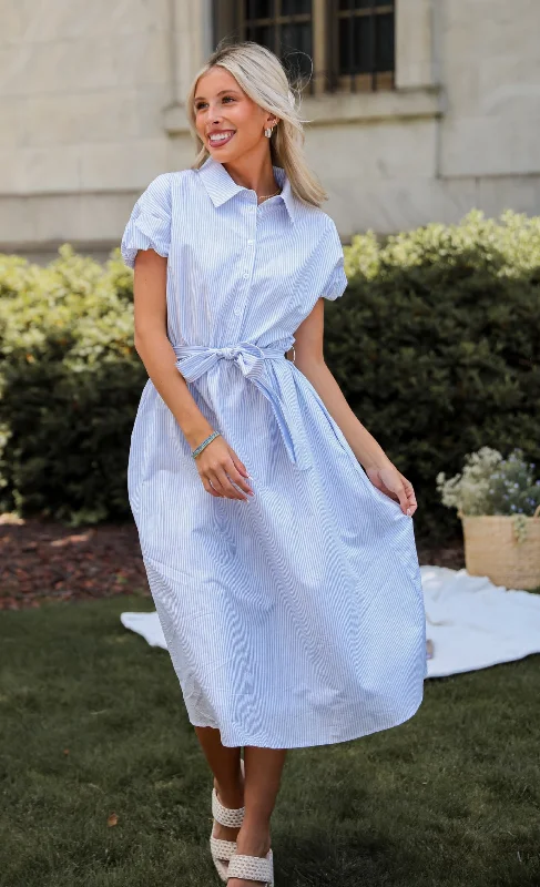 FINAL SALE - Keep It Classic Light Blue Striped Midi Dress Elegant Pleated Sleeve Midi Dress