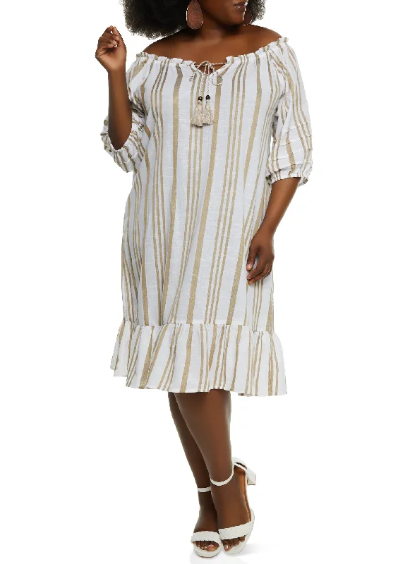 Plus Size Striped Tie Front Off the Shoulder Midi Dress Trendy Fit-and-Flare Midi Dress