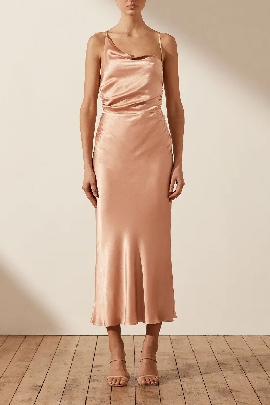 LA LUNE ASYMMETRICAL BIAS COWL MIDI DRESS - DESERT ROSE Comfortable Ruched Midi Dress