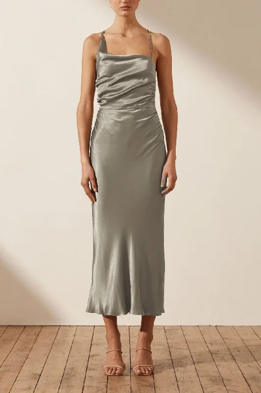 LA LUNE ASYMMETRICAL BIAS COWL MIDI DRESS - SAGE Cozy Wide Strap Midi Dress