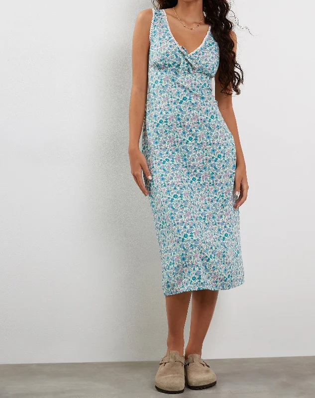 Lavisha Midi Dress in Flower Power Blue Comfortable Fit-and-Flare Midi Dress