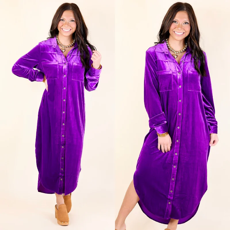 London Fog Velvet Button Up Midi Dress with Long Sleeves in Purple Cozy Wide Strap Midi Dress