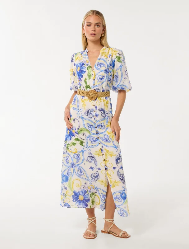 Loren Puff Sleeve Midi Dress Comfortable Floral Print Midi Dress