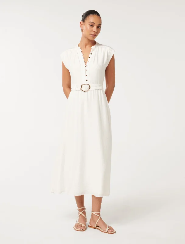 Lucille Textured Belted Midi Dress Elegant Lace Trim Midi Dress