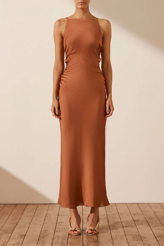 LUXE HIGH NECK RUCHED MIDI DRESS - MOCHA Stylish Cold Shoulder Midi Dress