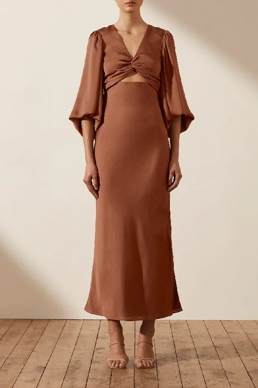 LUXE TWIST FRONT BALLOON SLEEVE MIDI DRESS - MOCHA Stylish Halter Neck Midi Dress