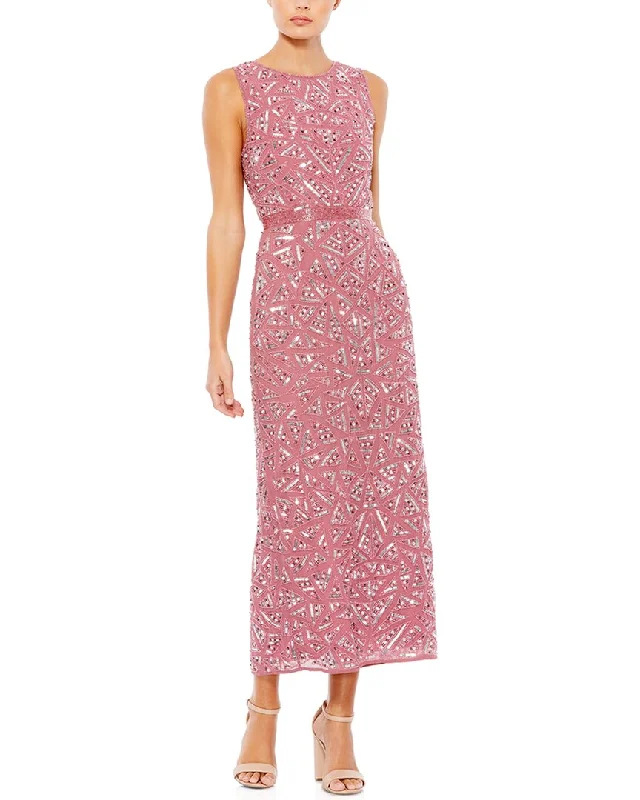 Mac Duggal Geometric Patterned Sequin Midi Dress Comfortable Denim Midi Dress